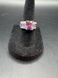 Silver Tone Purple Emerald Cut Crystal Statement Ring Channel Set Lavender Stones Size 6