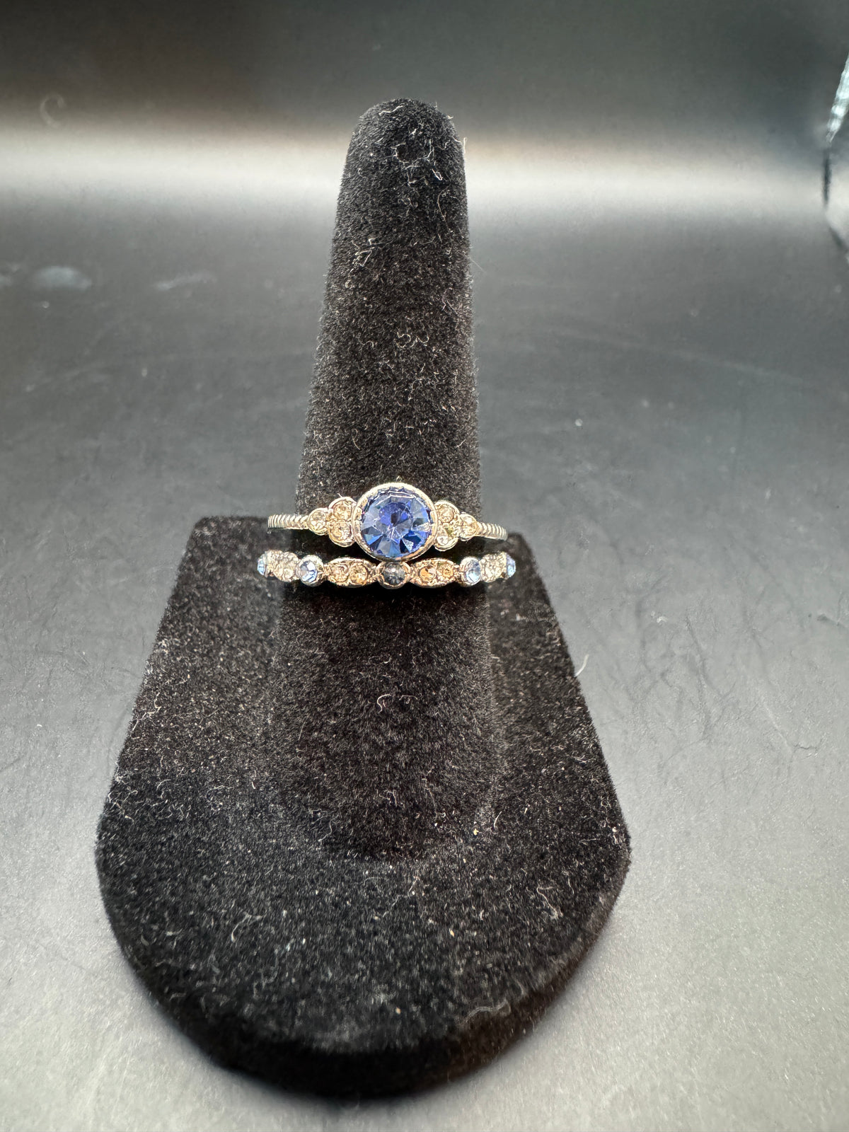Vintage Silver Tone Blue Rhinestone Two-Ring Stacking Set Size 6.5
