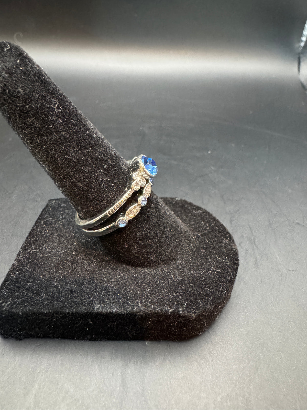 Vintage Silver Tone Blue Rhinestone Two-Ring Stacking Set Size 6.5