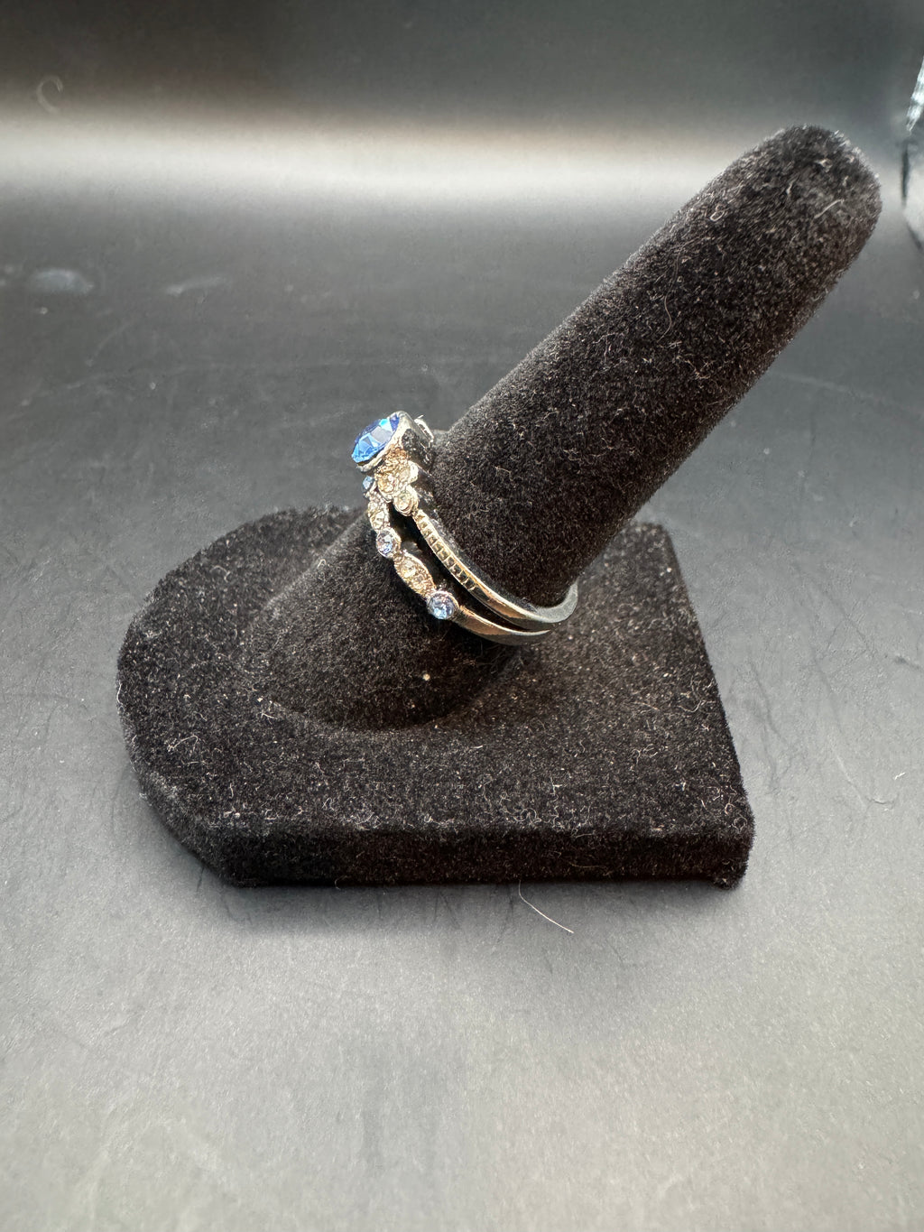 Vintage Silver Tone Blue Rhinestone Two-Ring Stacking Set Size 6.5