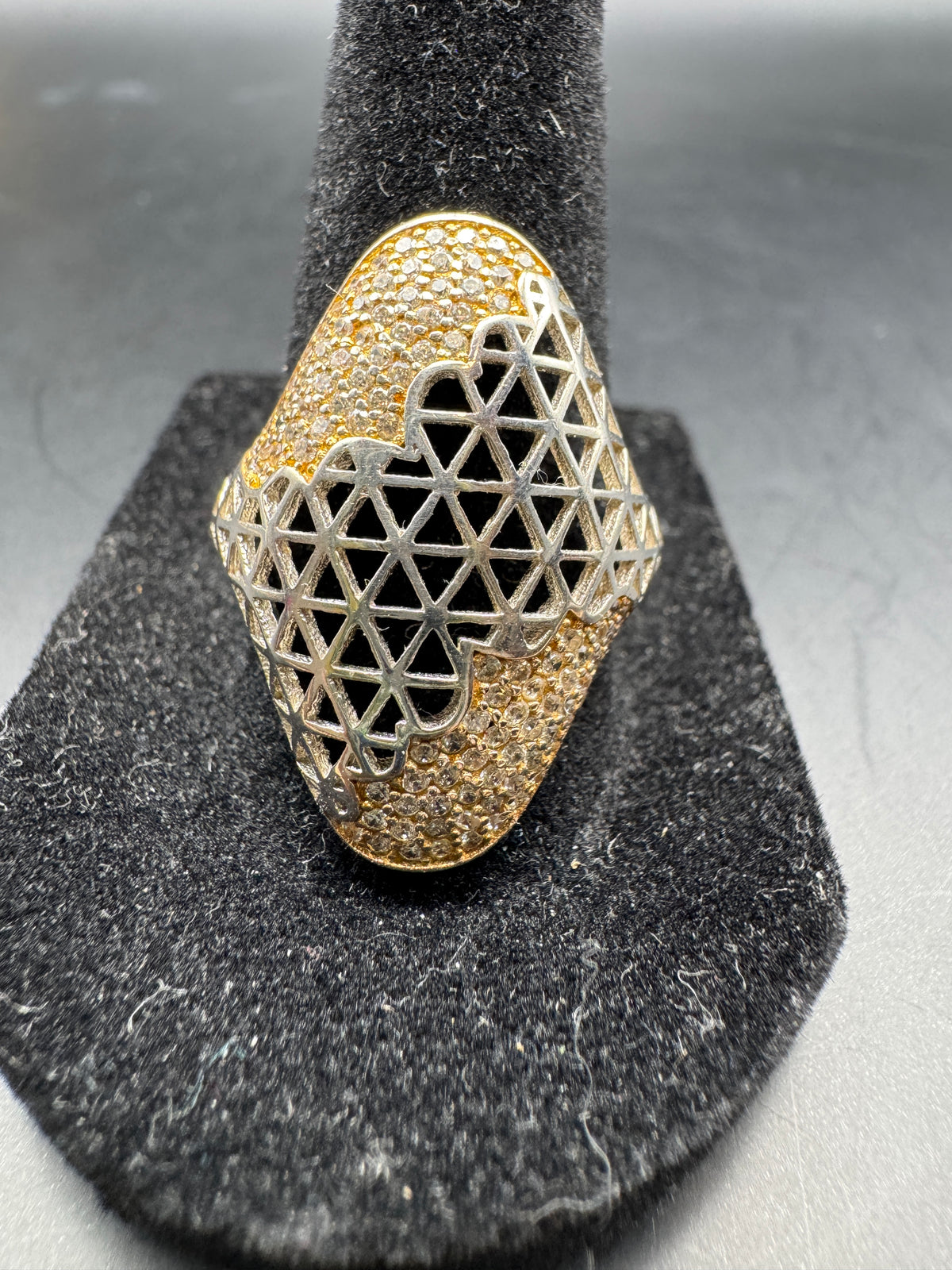 Vintage Two-Tone Gold Silver Pave Lattice Statement Ring Size 9