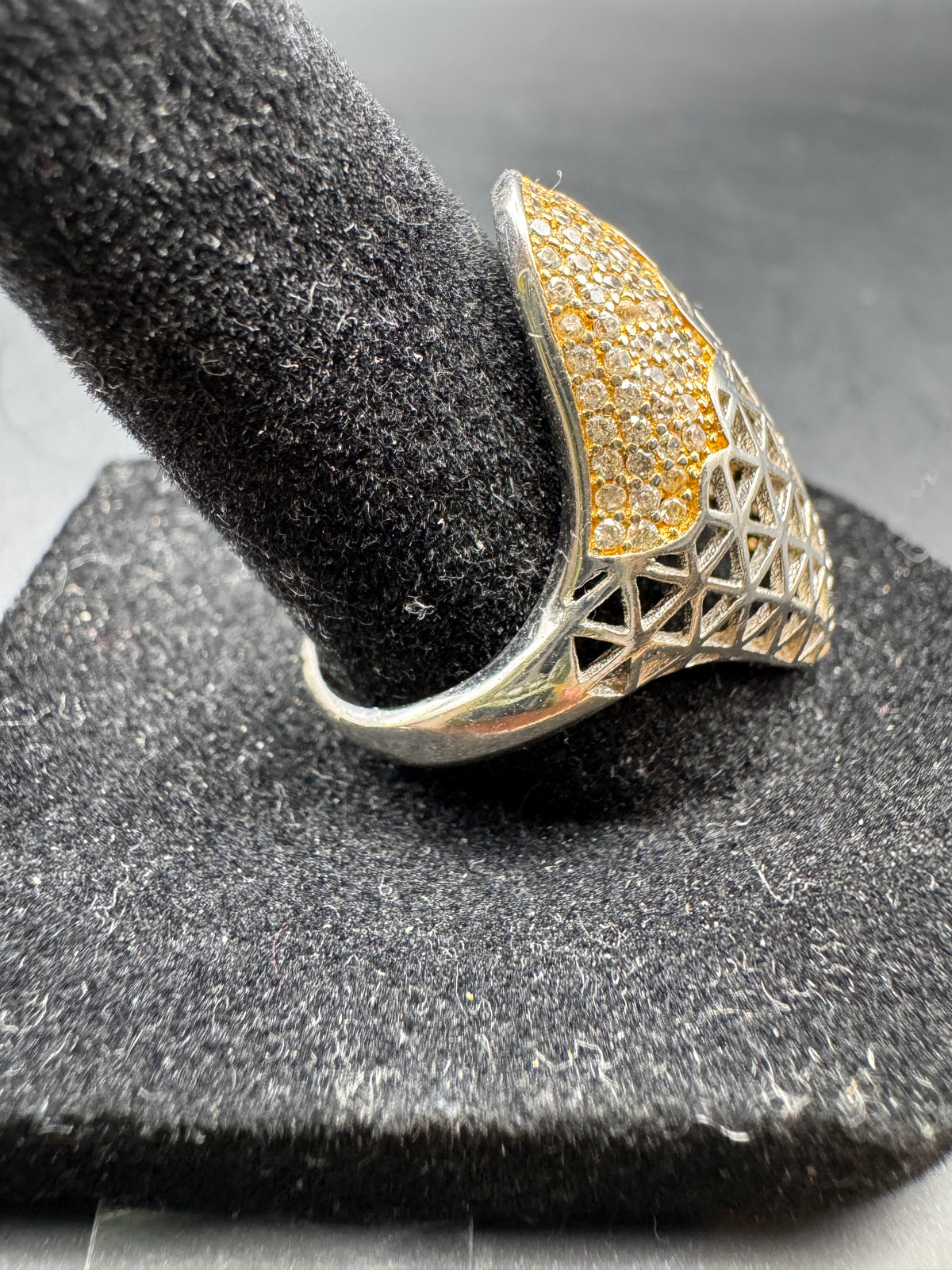 Vintage Two-Tone Gold Silver Pave Lattice Statement Ring Size 9