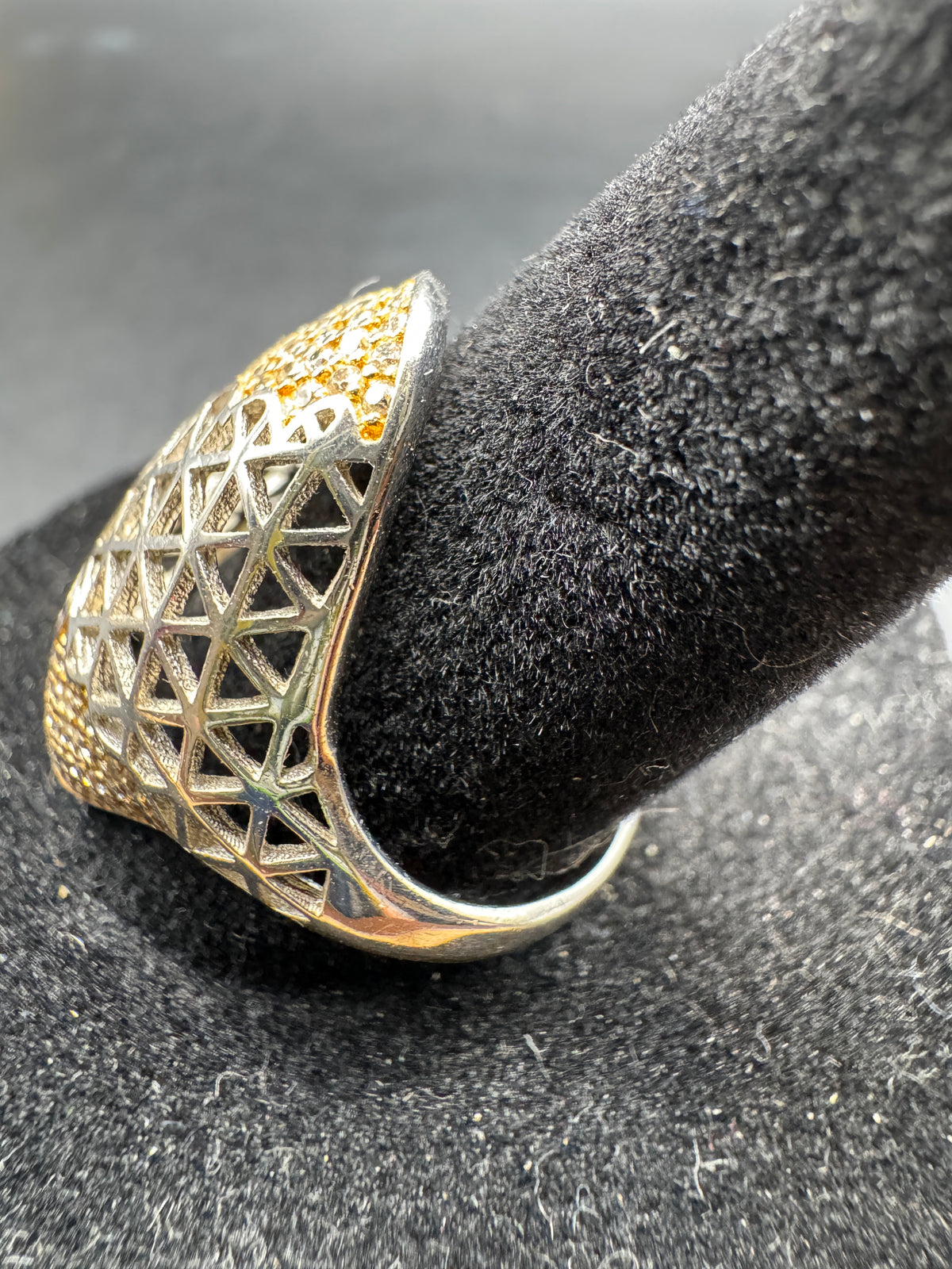 Vintage Two-Tone Gold Silver Pave Lattice Statement Ring Size 9