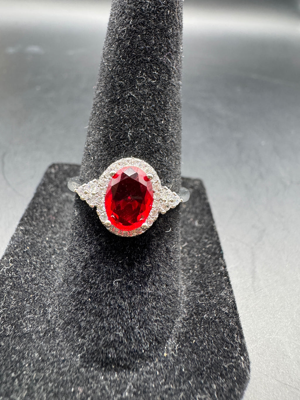 Vintage Silver Tone Red Stone Halo Cocktail Ring Split Shoulders Size 6
