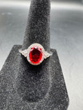 Vintage Silver Tone Red Stone Halo Cocktail Ring Split Shoulders Size 6