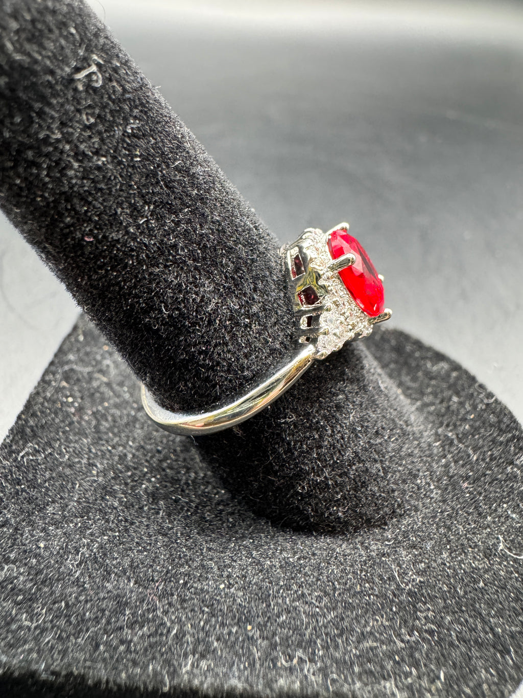 Vintage Silver Tone Red Stone Halo Cocktail Ring Split Shoulders Size 6