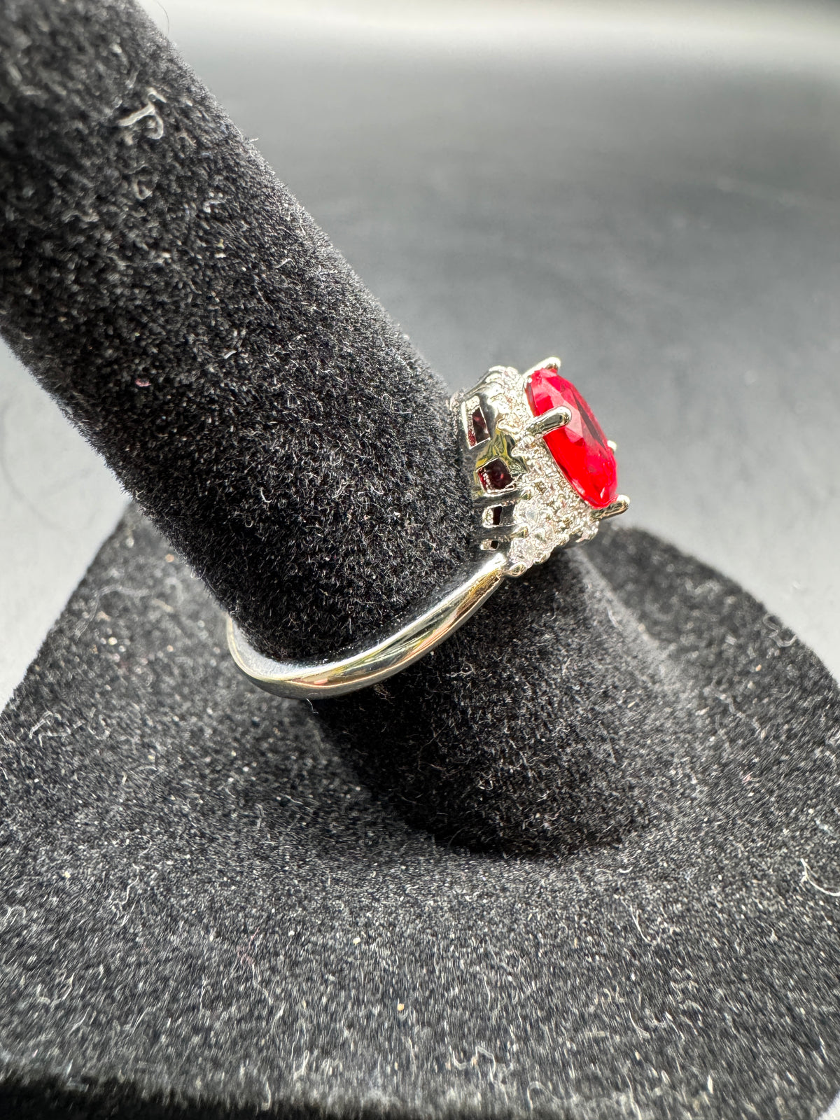 Vintage Silver Tone Red Stone Halo Cocktail Ring Split Shoulders Size 6