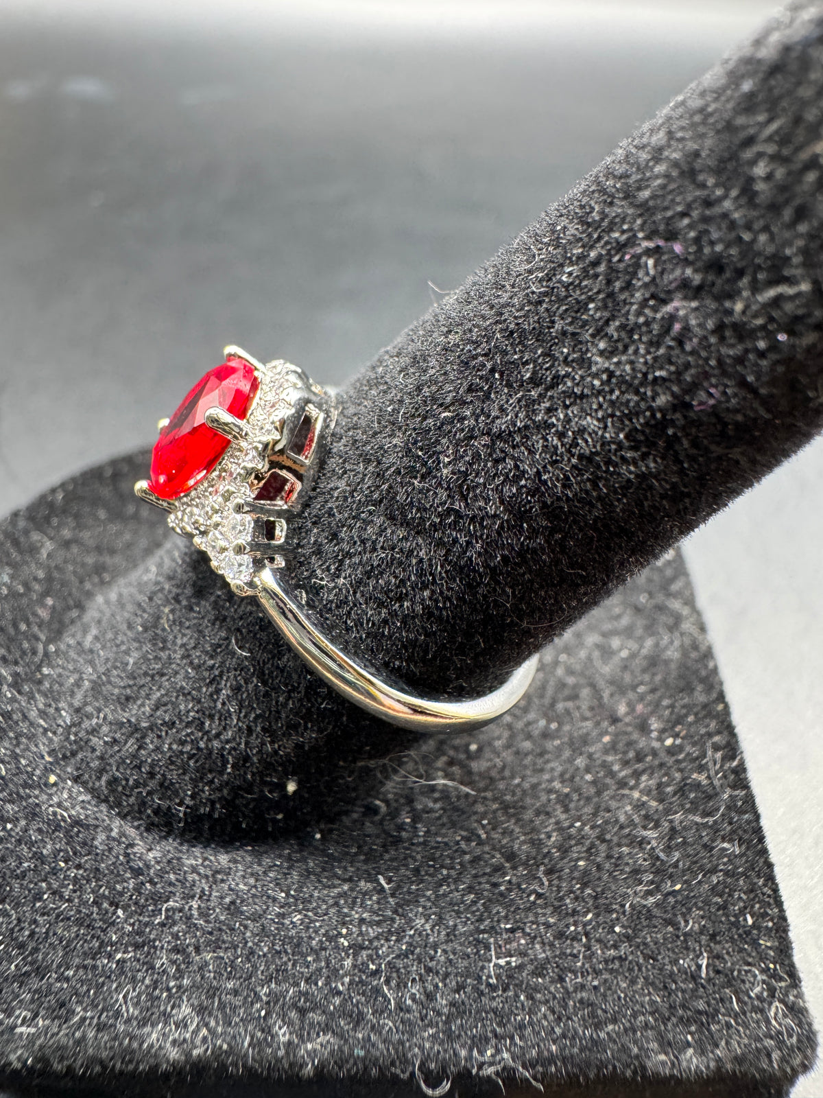 Vintage Silver Tone Red Stone Halo Cocktail Ring Split Shoulders Size 6