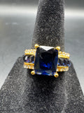 Vintage Gold Tone Cocktail Ring Emerald Cut Blue Stone Baguette Accents Size 6.5
