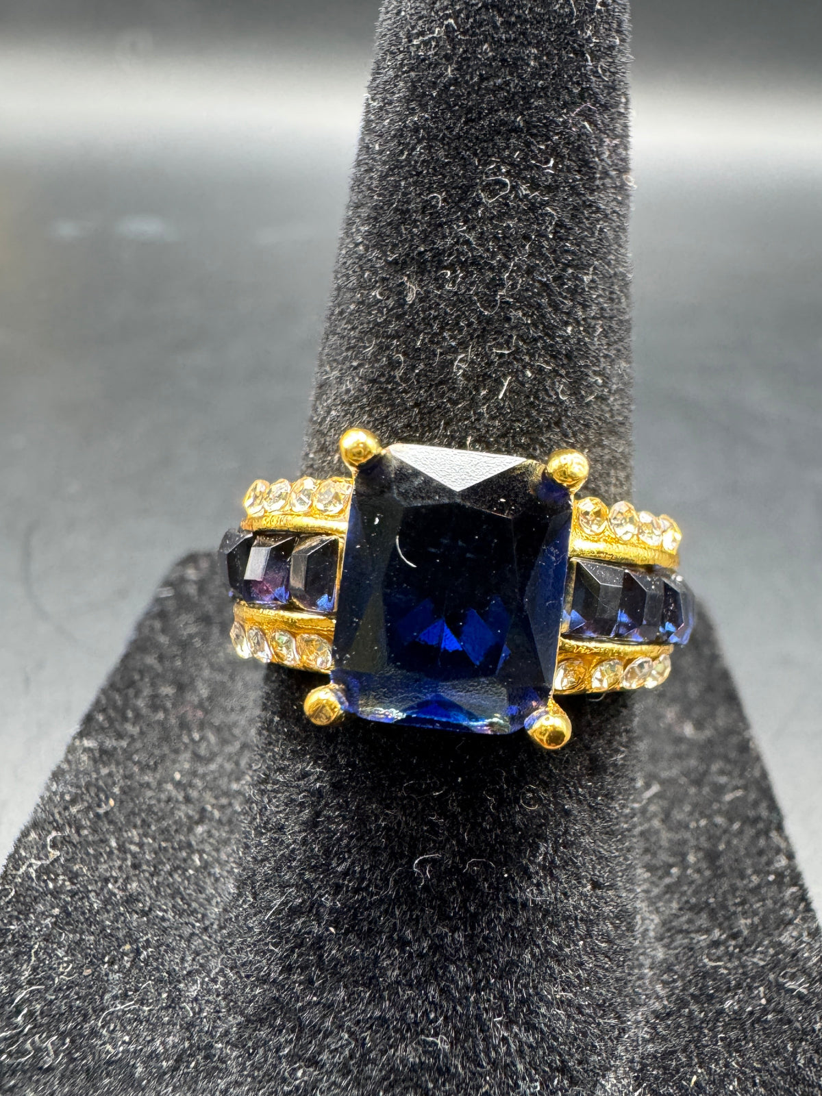 Vintage Gold Tone Cocktail Ring Emerald Cut Blue Stone Baguette Accents Size 6.5
