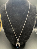 Vintage Silver Tone Blue Teardrop Pendant Necklace, Openwork Bail, 18"