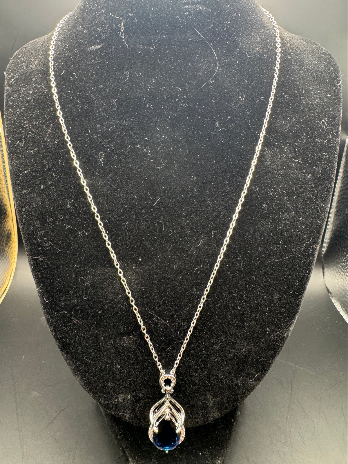 Vintage Silver Tone Blue Teardrop Pendant Necklace, Openwork Bail, 18"