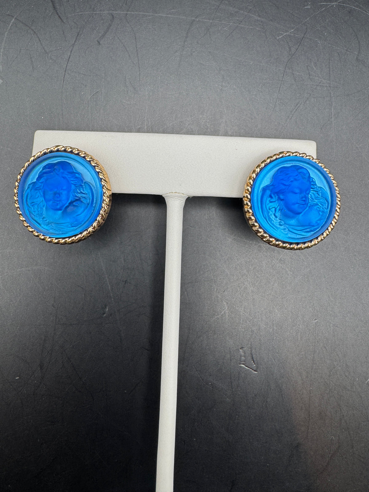 Kirks Folly Vintage Blue Intaglio Cameo Earrings, Gold Tone Rope Border, Pierced