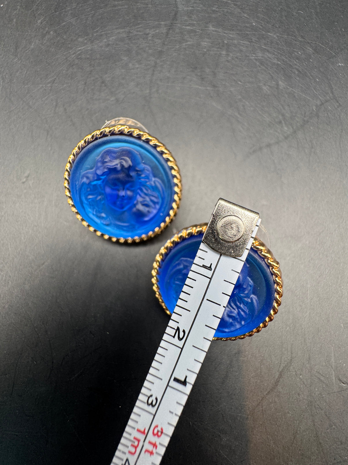 Kirks Folly Vintage Blue Intaglio Cameo Earrings, Gold Tone Rope Border, Pierced
