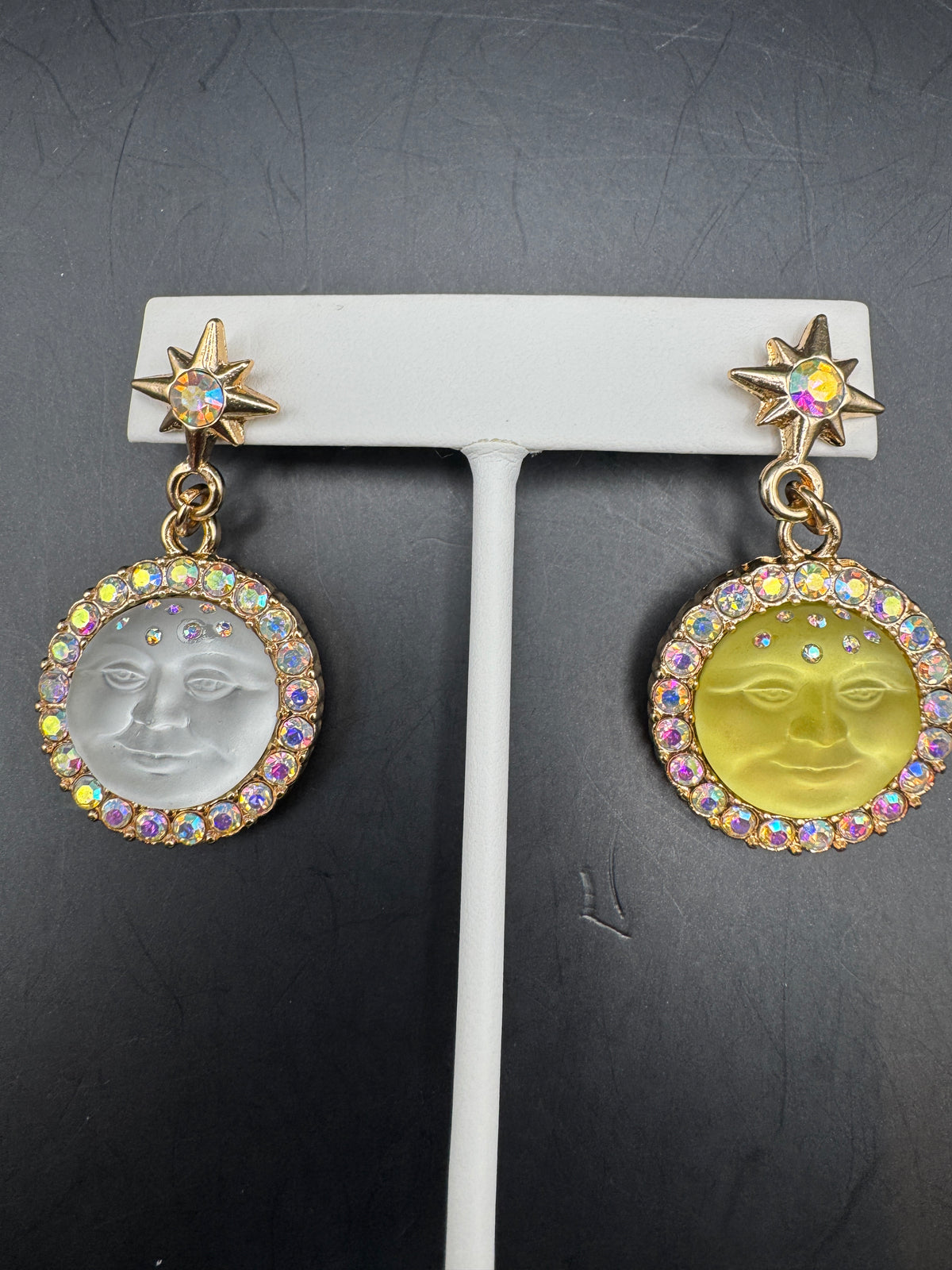 Kirks Folly Vintage Mismatched Moon Face Earrings, AB Crystal & Star, 2"