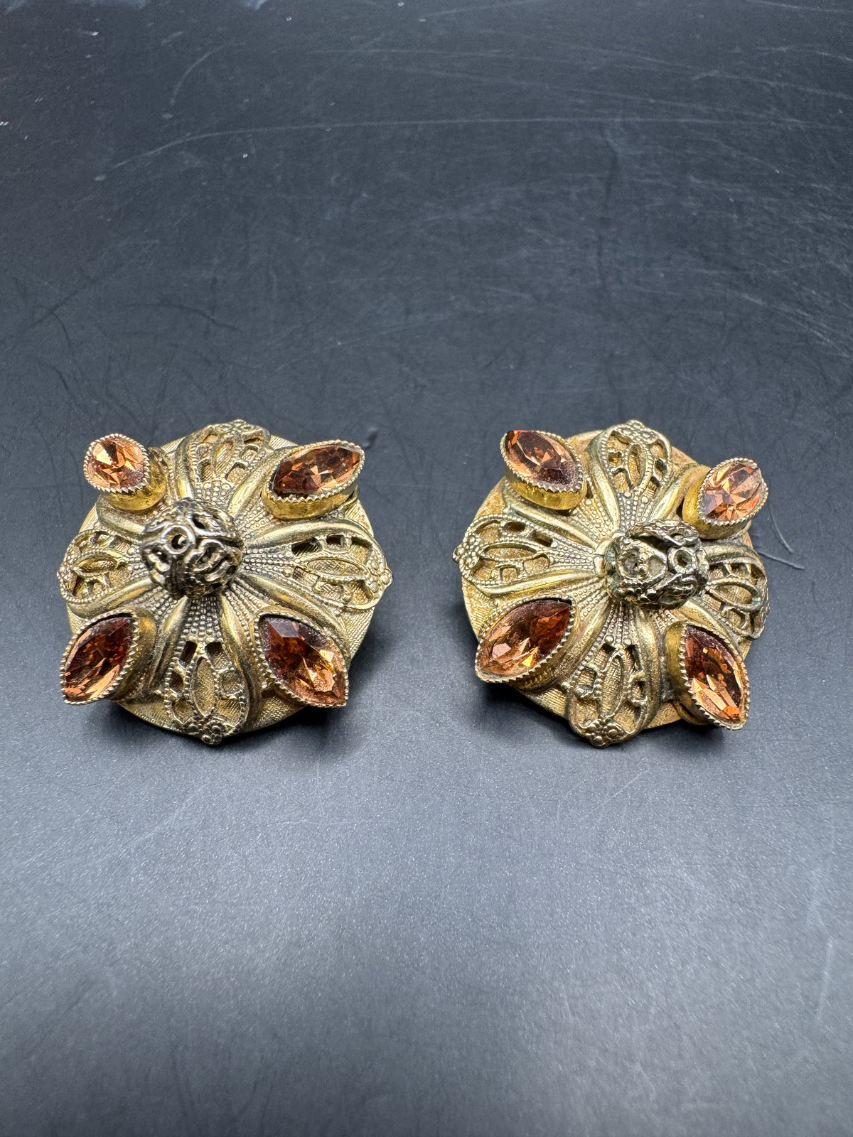 Whiting & Davis Vintage Amber Rhinestone Filigree Clip Earrings, Gold Tone