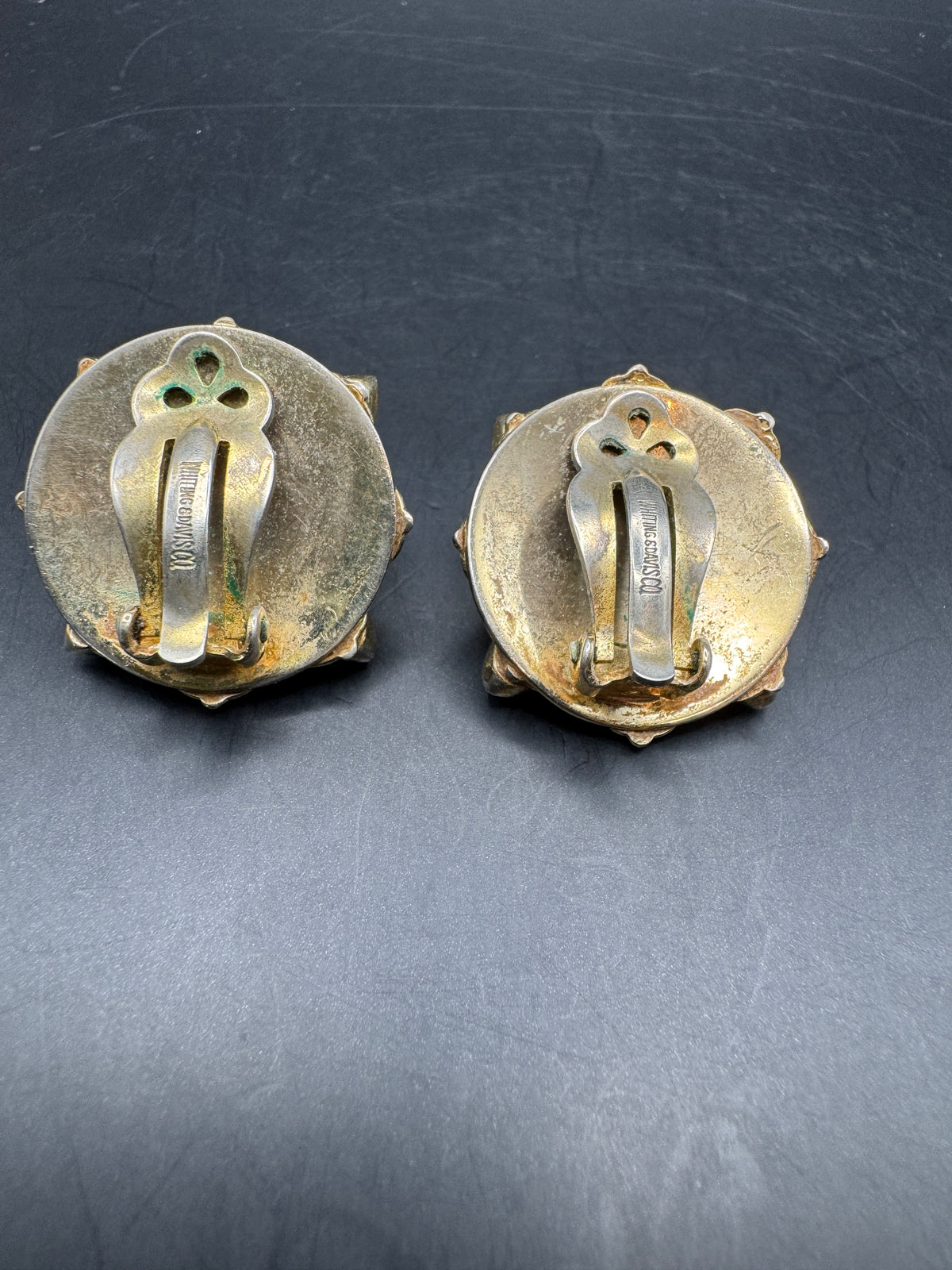 Whiting & Davis Vintage Amber Rhinestone Filigree Clip Earrings, Gold Tone