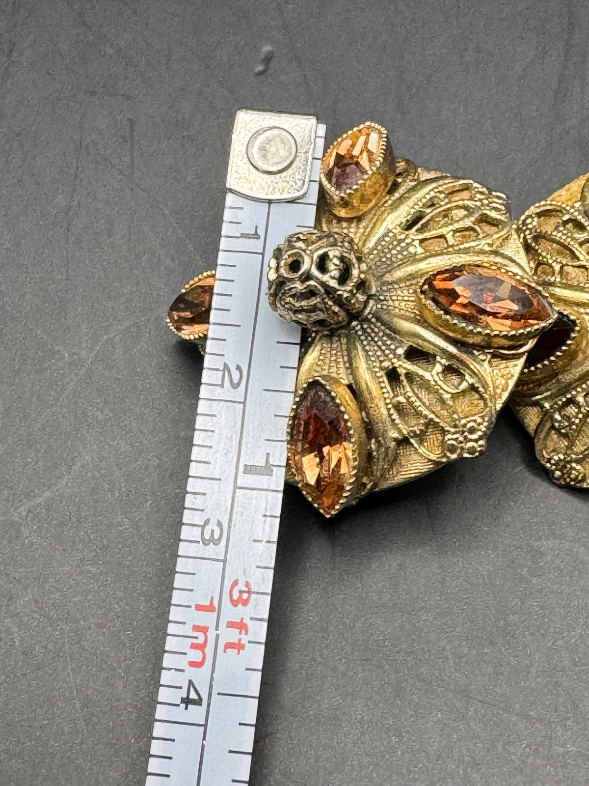 Whiting & Davis Vintage Amber Rhinestone Filigree Clip Earrings, Gold Tone