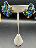 Sarah Coventry Vintage Blue Aurora Borealis Rhinestone Clip Earrings, Silver Tone