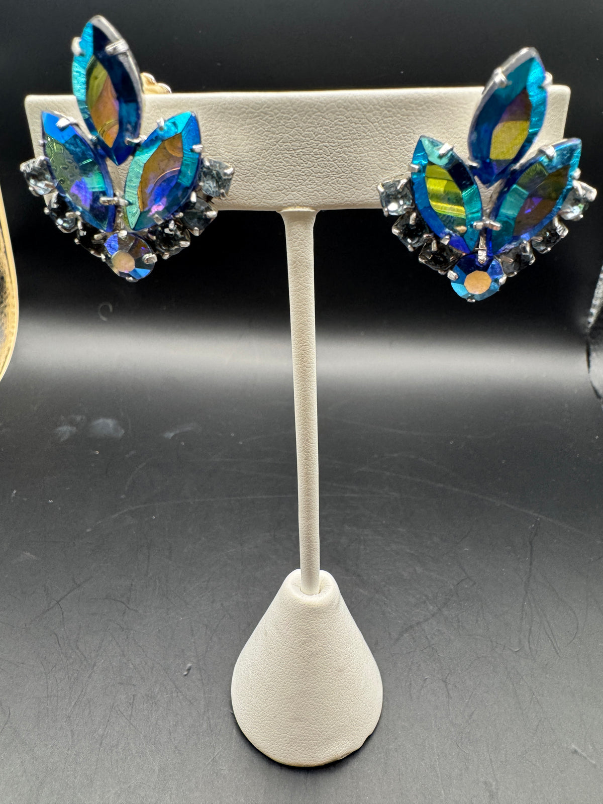 Sarah Coventry Vintage Blue Aurora Borealis Rhinestone Clip Earrings, Silver Tone