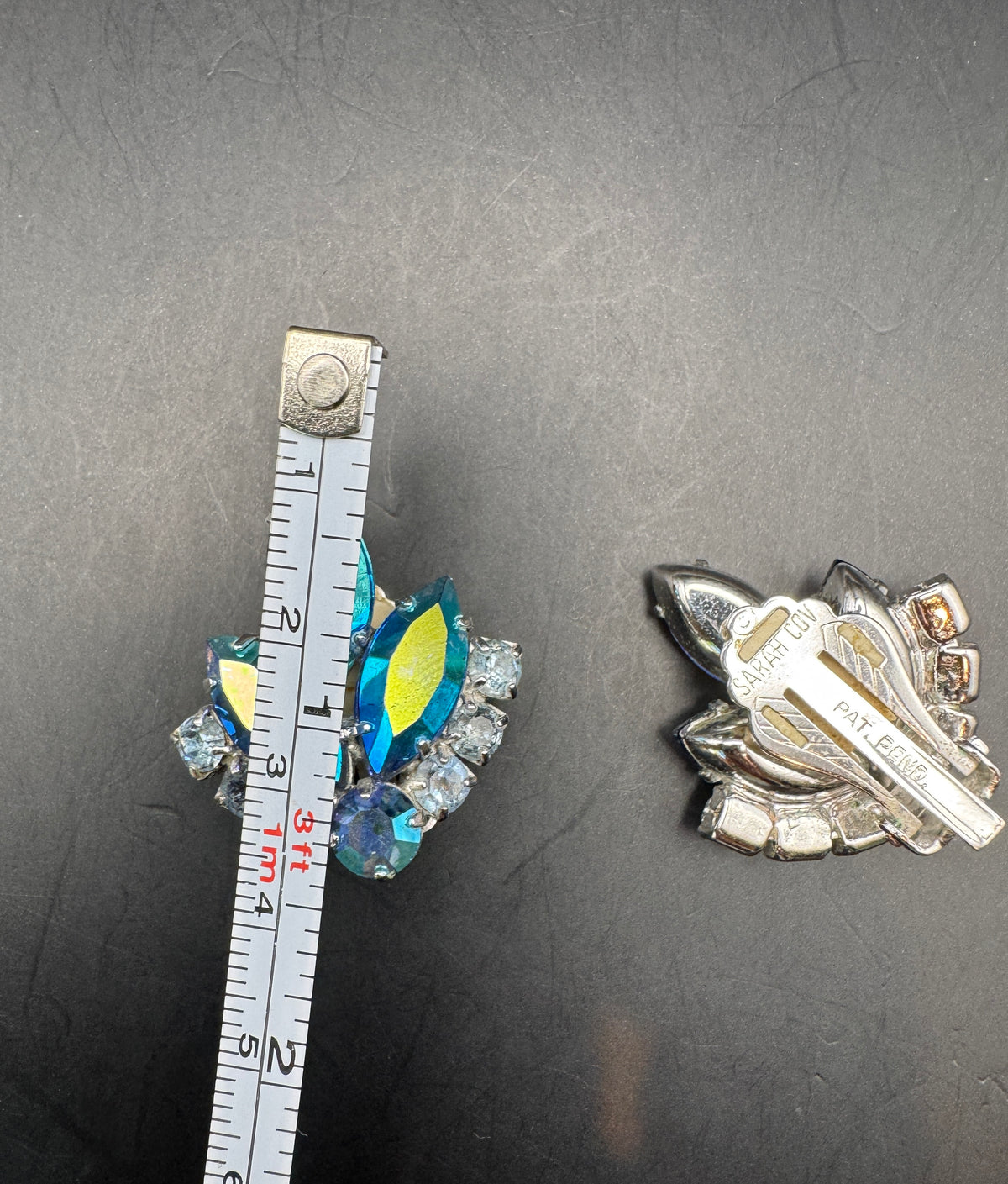 Sarah Coventry Vintage Blue Aurora Borealis Rhinestone Clip Earrings, Silver Tone