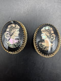 Whiting & Davis Vintage Pearlized Cameo Clip Earrings, Gold Tone Rope Border
