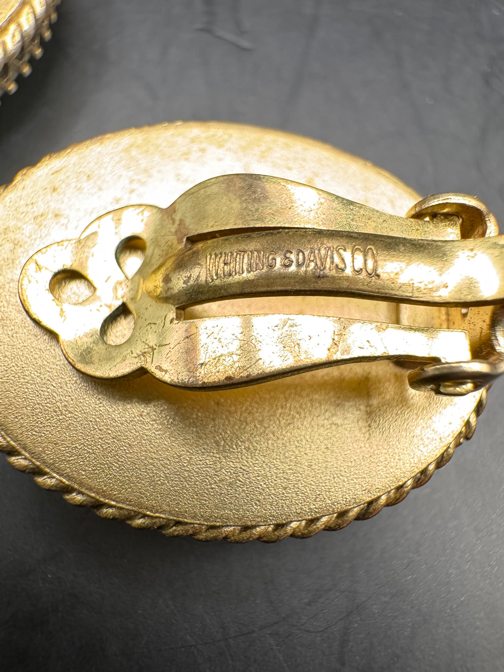 Whiting & Davis Vintage Pearlized Cameo Clip Earrings, Gold Tone Rope Border