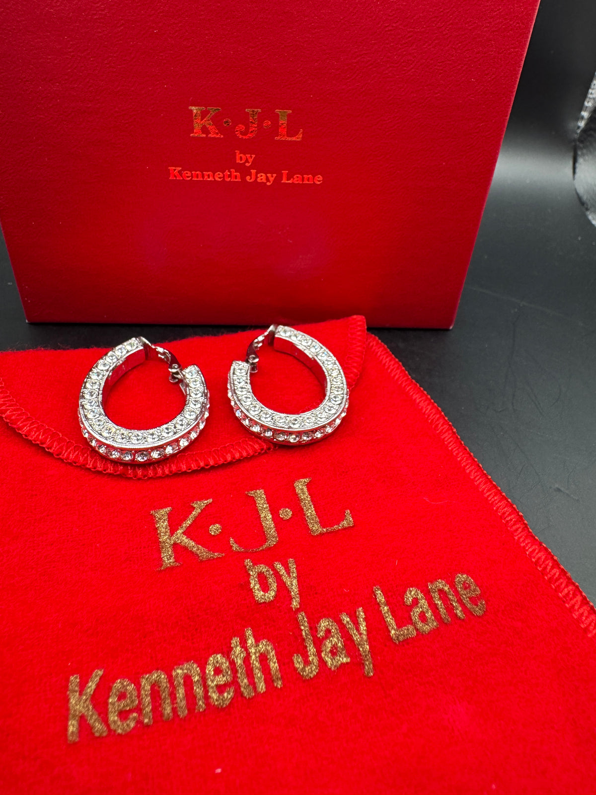 Kenneth Jay Lane KJL Vintage Clear Crystal Pavé Hoop Clip Earrings, Silver Tone, 1.25", Original Box & Pouch