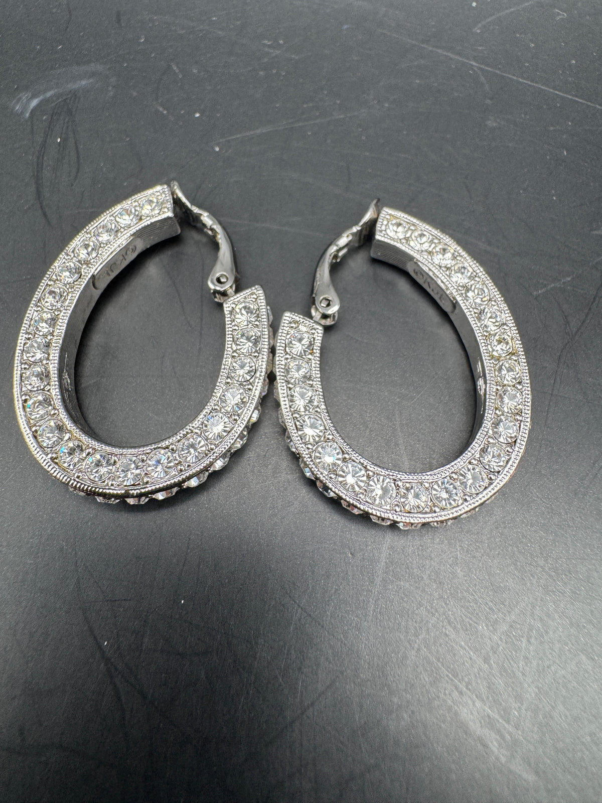 Kenneth Jay Lane KJL Vintage Clear Crystal Pavé Hoop Clip Earrings, Silver Tone, 1.25", Original Box & Pouch
