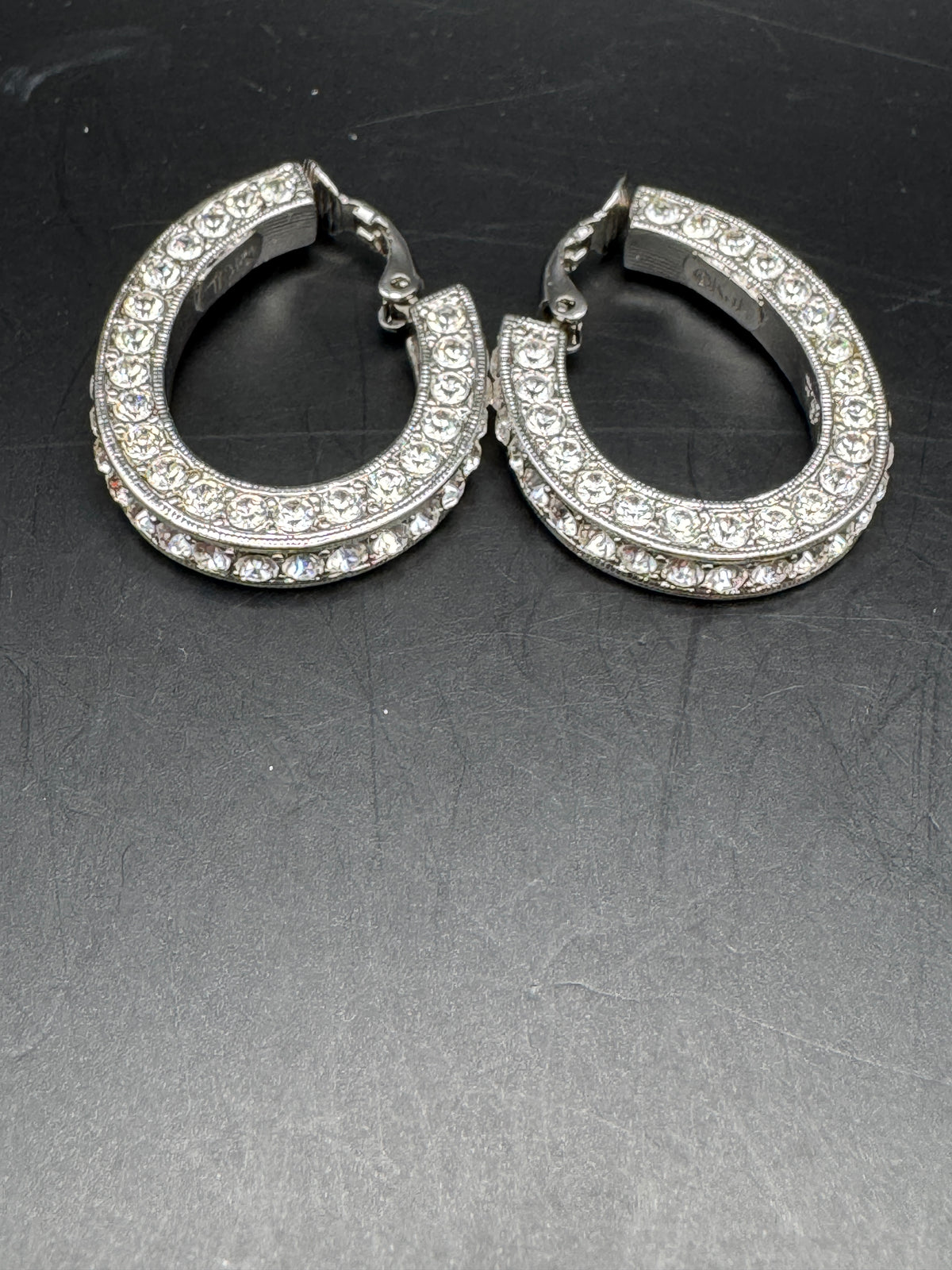 Kenneth Jay Lane KJL Vintage Clear Crystal Pavé Hoop Clip Earrings, Silver Tone, 1.25", Original Box & Pouch