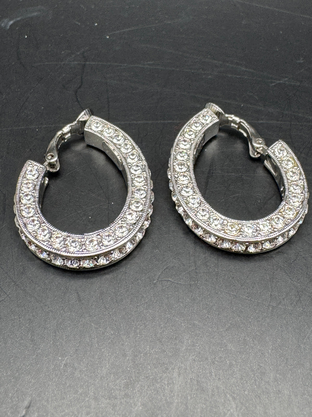 Kenneth Jay Lane KJL Vintage Clear Crystal Pavé Hoop Clip Earrings, Silver Tone, 1.25", Original Box & Pouch