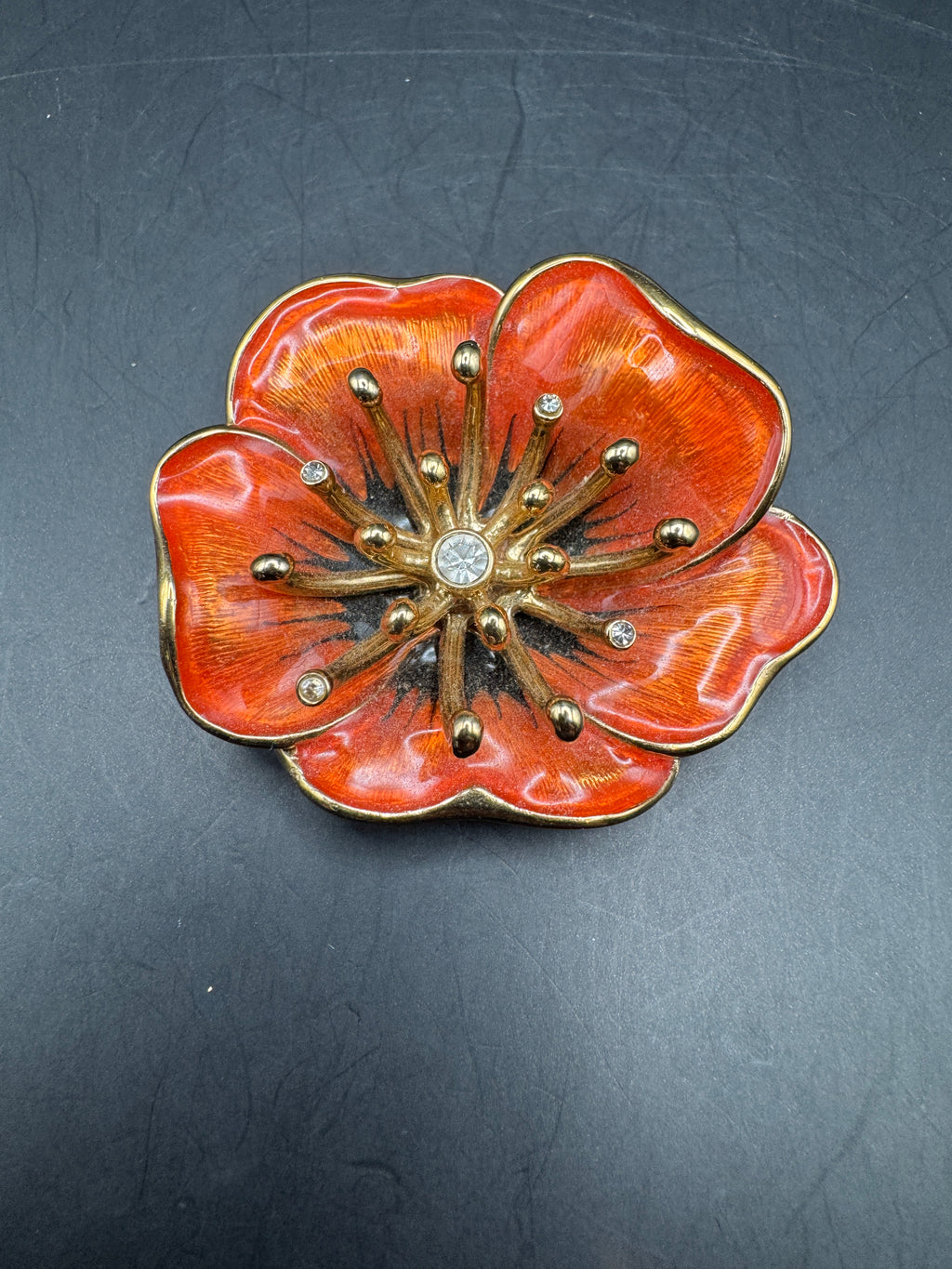 Vintage Monet Orange Enamel Poppy Flower Brooch, Gold Tone, Clear Rhinestone Accents, 1.5"