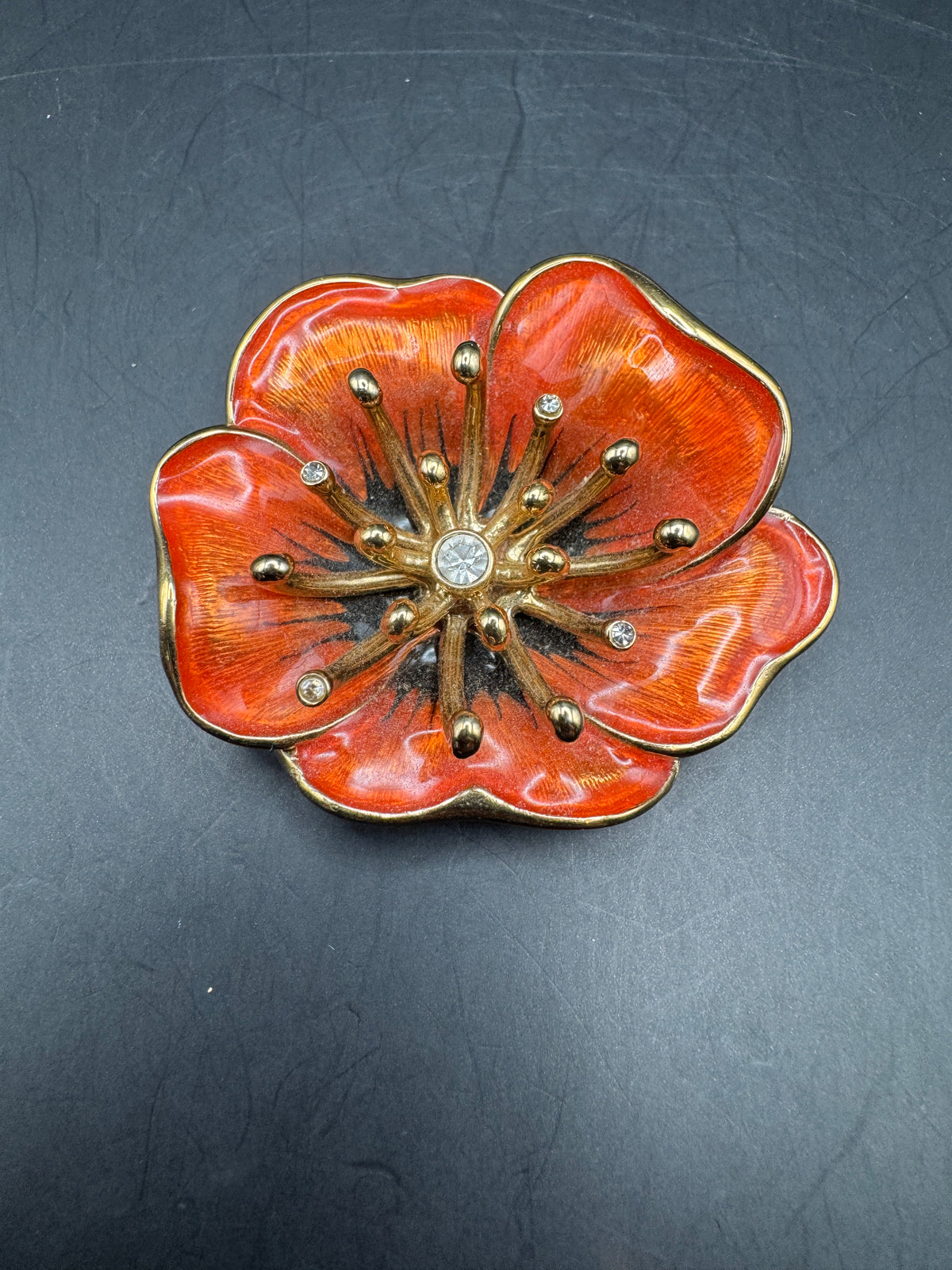 Vintage Monet Orange Enamel Poppy Flower Brooch, Gold Tone, Clear Rhinestone Accents, 1.5"
