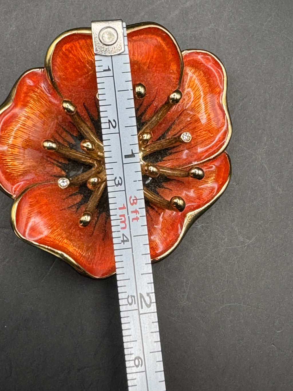 Vintage Monet Orange Enamel Poppy Flower Brooch, Gold Tone, Clear Rhinestone Accents, 1.5"