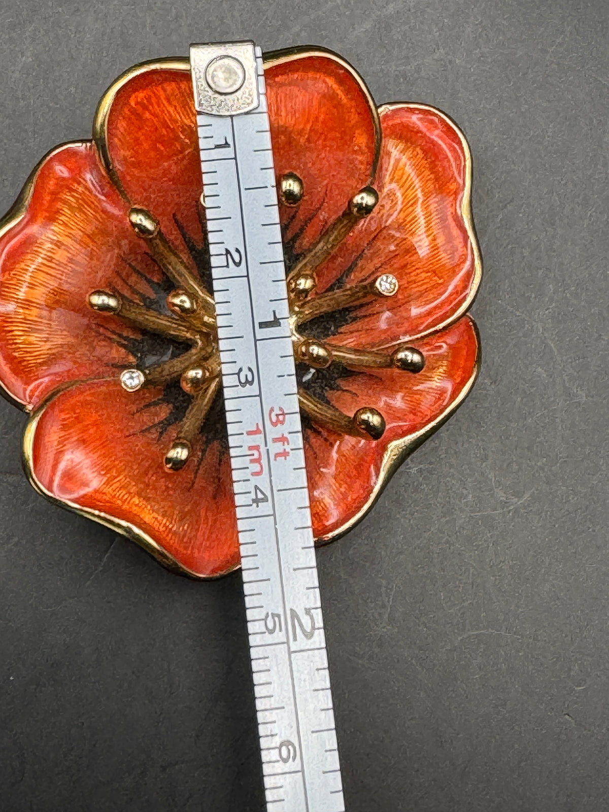 Vintage Monet Orange Enamel Poppy Flower Brooch, Gold Tone, Clear Rhinestone Accents, 1.5"