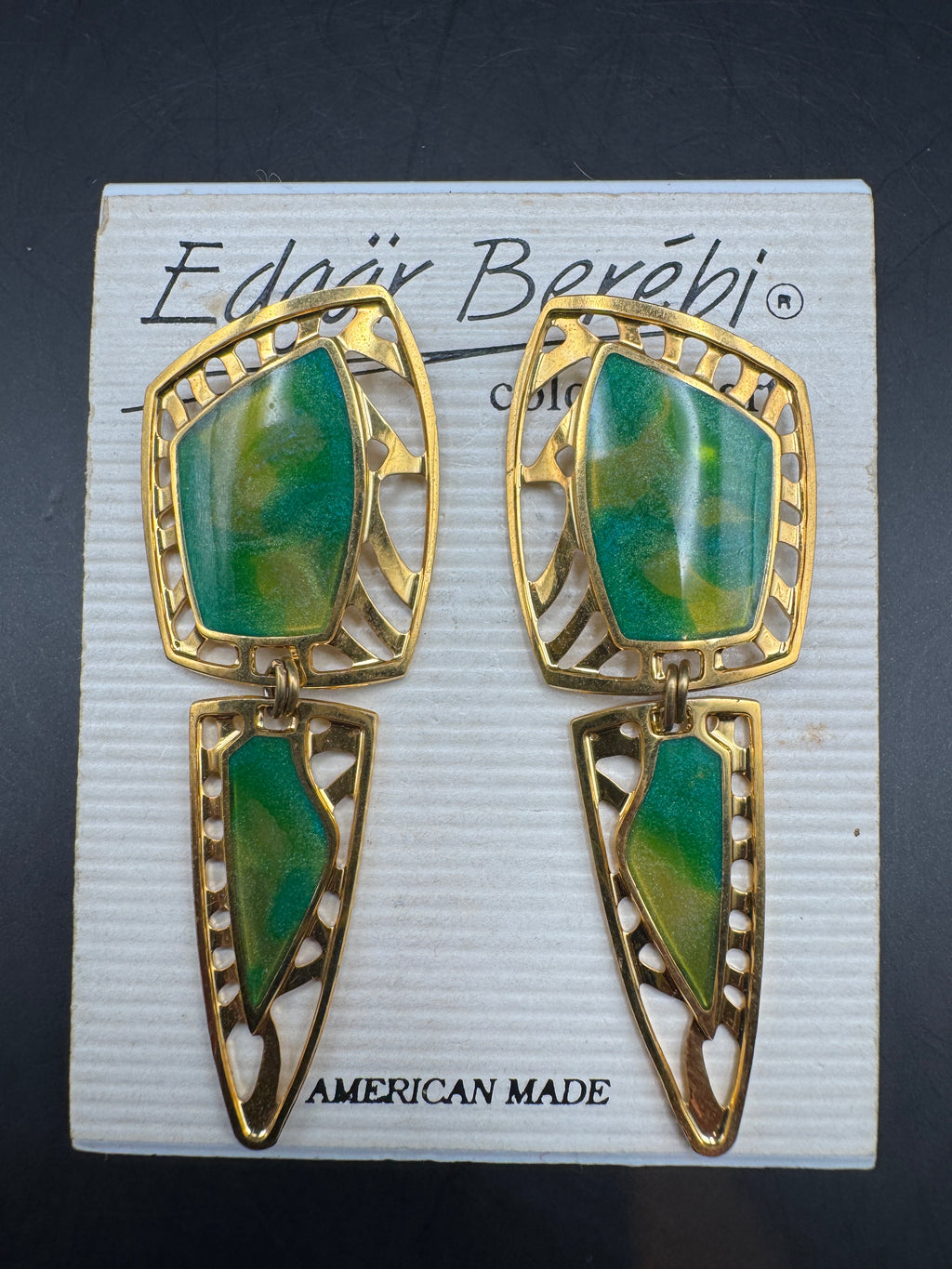 Vintage Edgar Berébi Green Enamel Geometric Drop Earrings, Gold Tone Cut-Out Design, Pierced, 2"