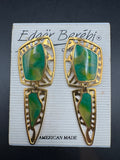 Vintage Edgar Berébi Green Enamel Geometric Drop Earrings, Gold Tone Cut-Out Design, Pierced, 2"