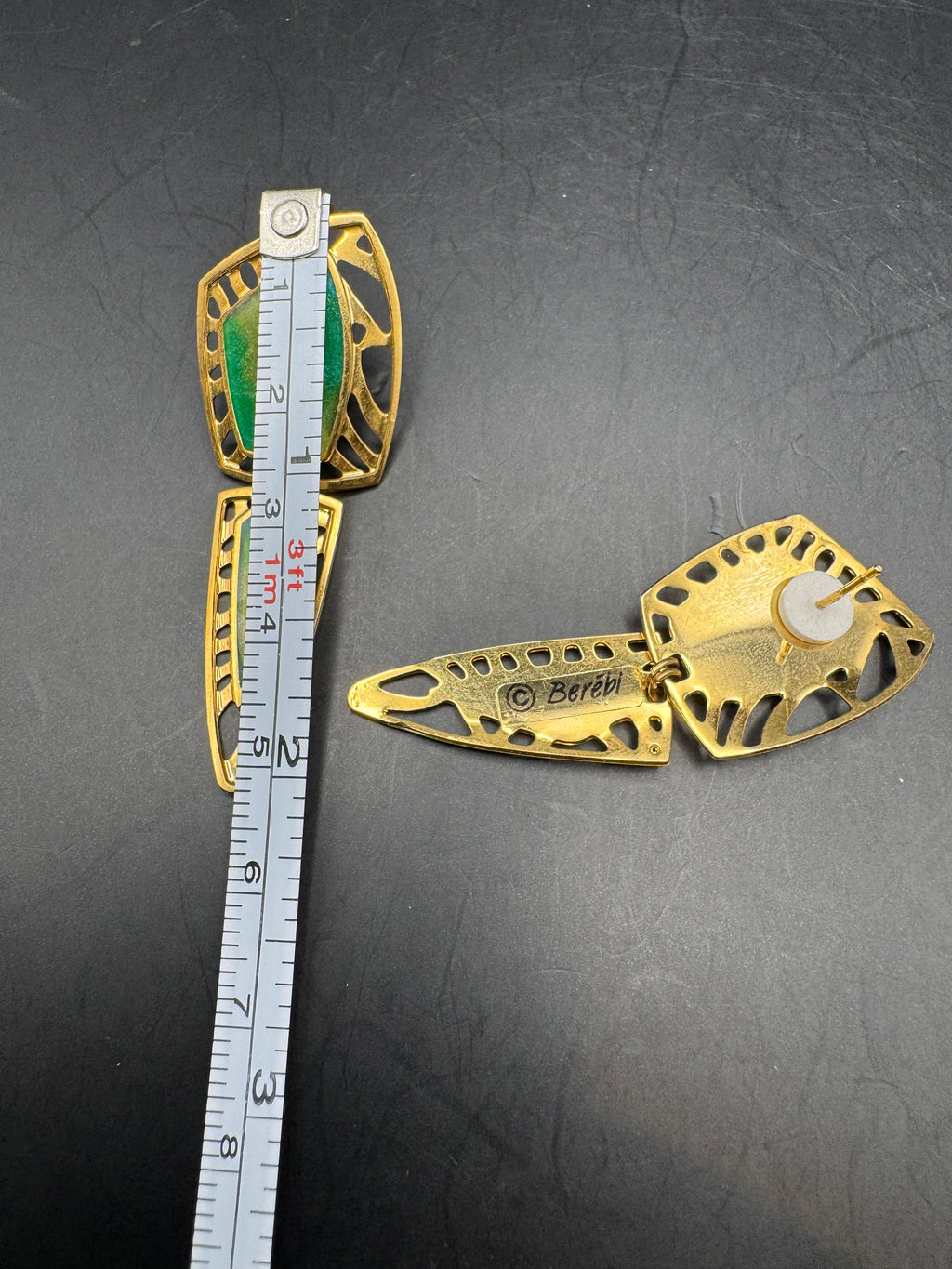 Vintage Edgar Berébi Green Enamel Geometric Drop Earrings, Gold Tone Cut-Out Design, Pierced, 2"