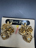 Vintage Maria Botero Gold Tone Rose Cluster Clip Earrings, Heart Drop with Faux Pearl, 2"