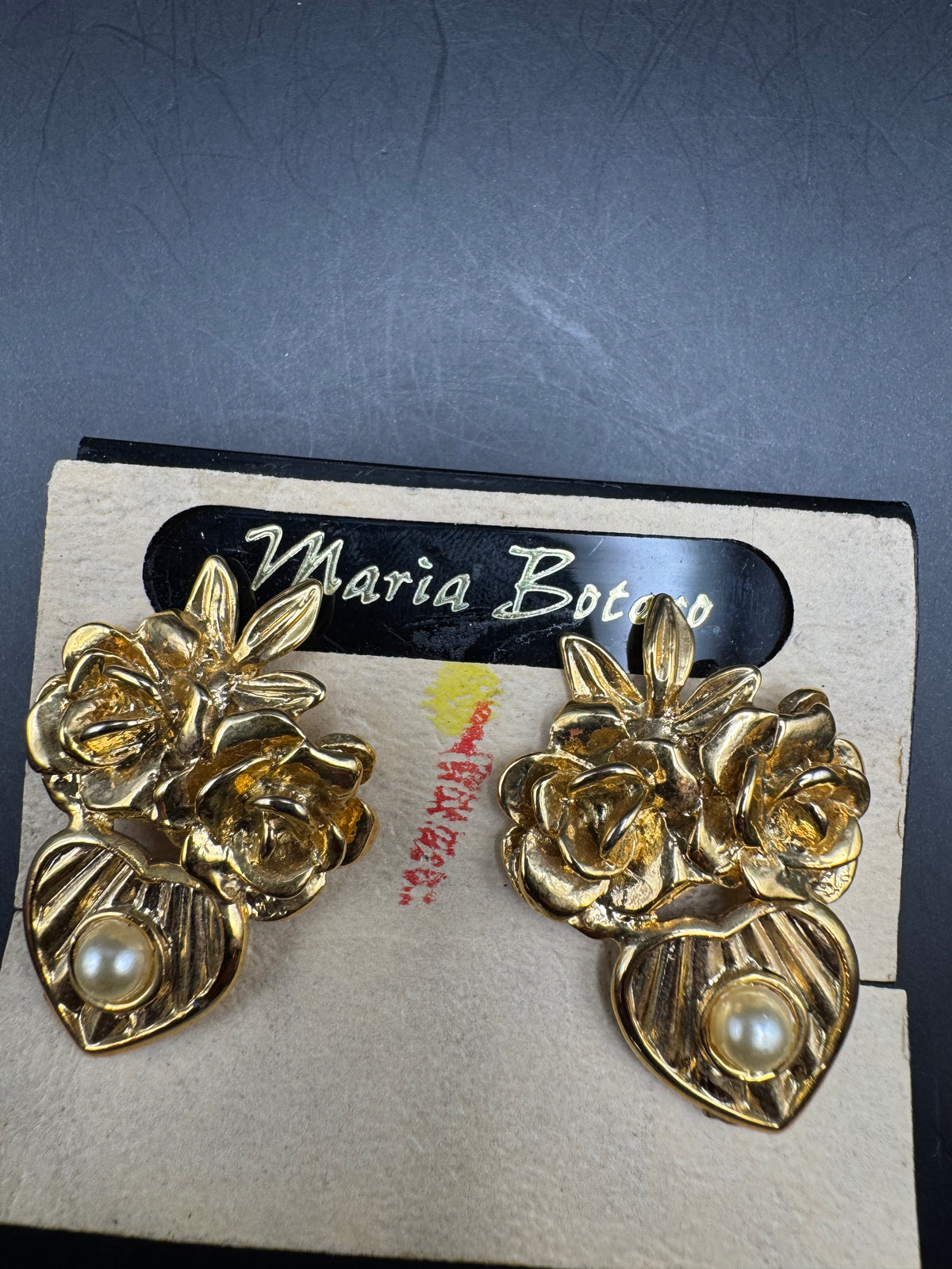 Vintage Maria Botero Gold Tone Rose Cluster Clip Earrings, Heart Drop with Faux Pearl, 2"