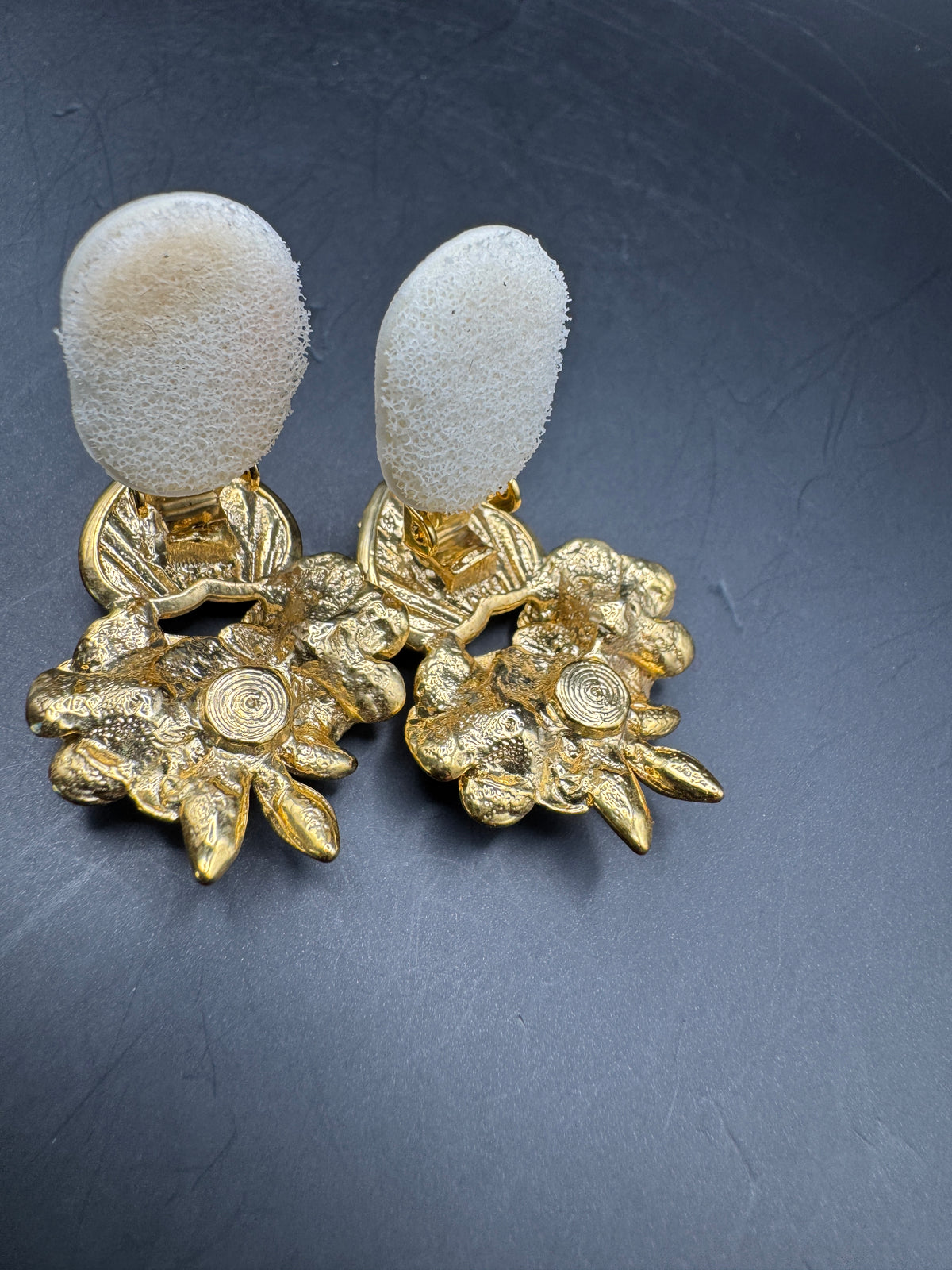 Vintage Maria Botero Gold Tone Rose Cluster Clip Earrings, Heart Drop with Faux Pearl, 2"