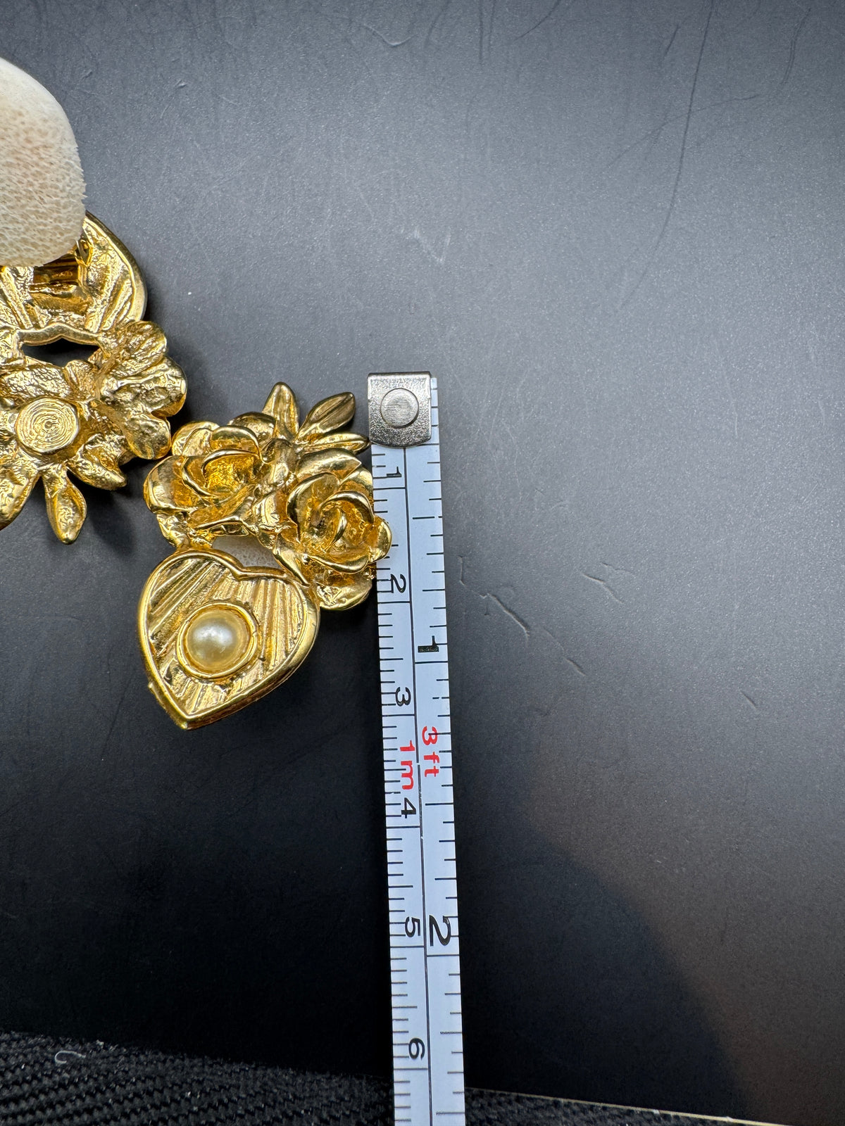 Vintage Maria Botero Gold Tone Rose Cluster Clip Earrings, Heart Drop with Faux Pearl, 2"