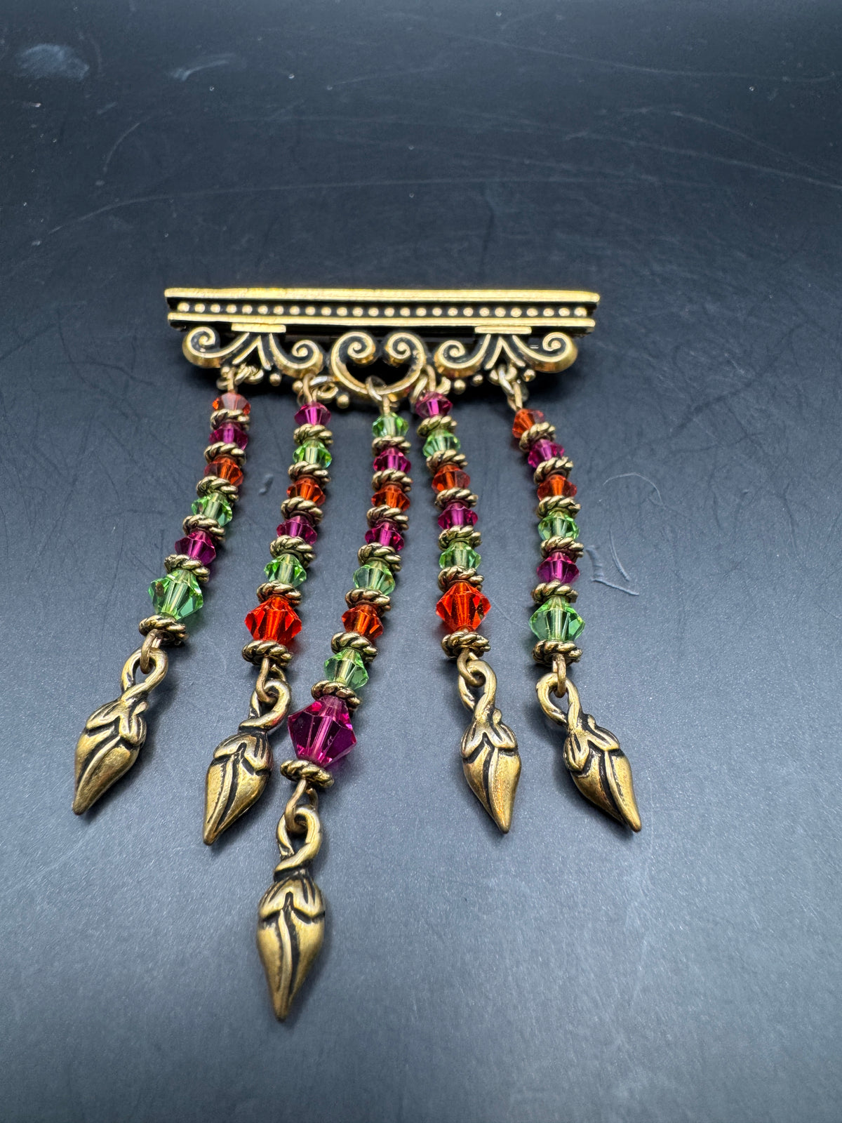 Vintage Gold Tone Filigree Bar Pin Brooch, Multicolor Crystal Bead Fringe Tassels, Leaf Drops