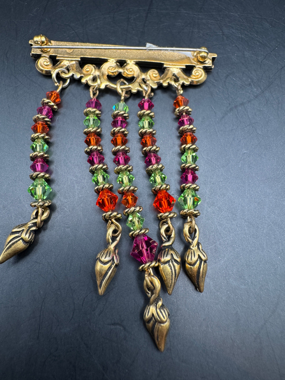 Vintage Gold Tone Filigree Bar Pin Brooch, Multicolor Crystal Bead Fringe Tassels, Leaf Drops