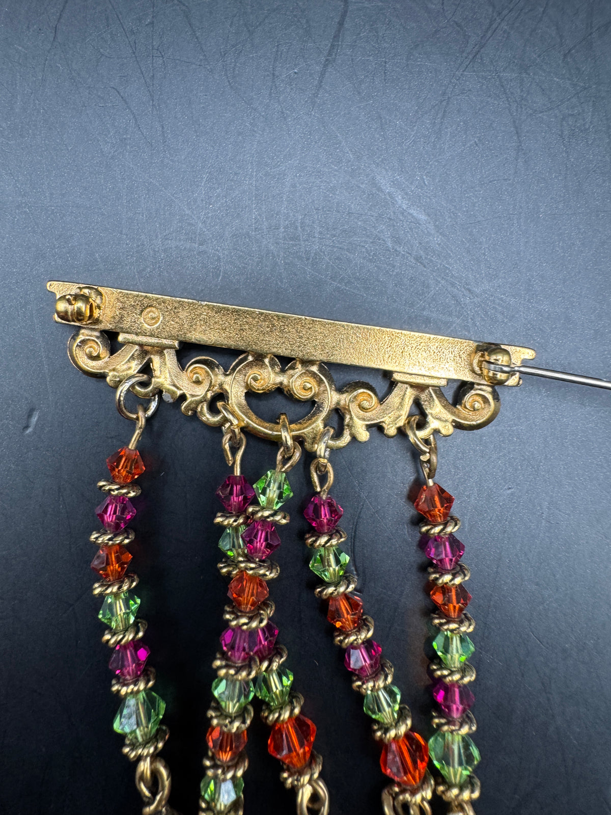 Vintage Gold Tone Filigree Bar Pin Brooch, Multicolor Crystal Bead Fringe Tassels, Leaf Drops