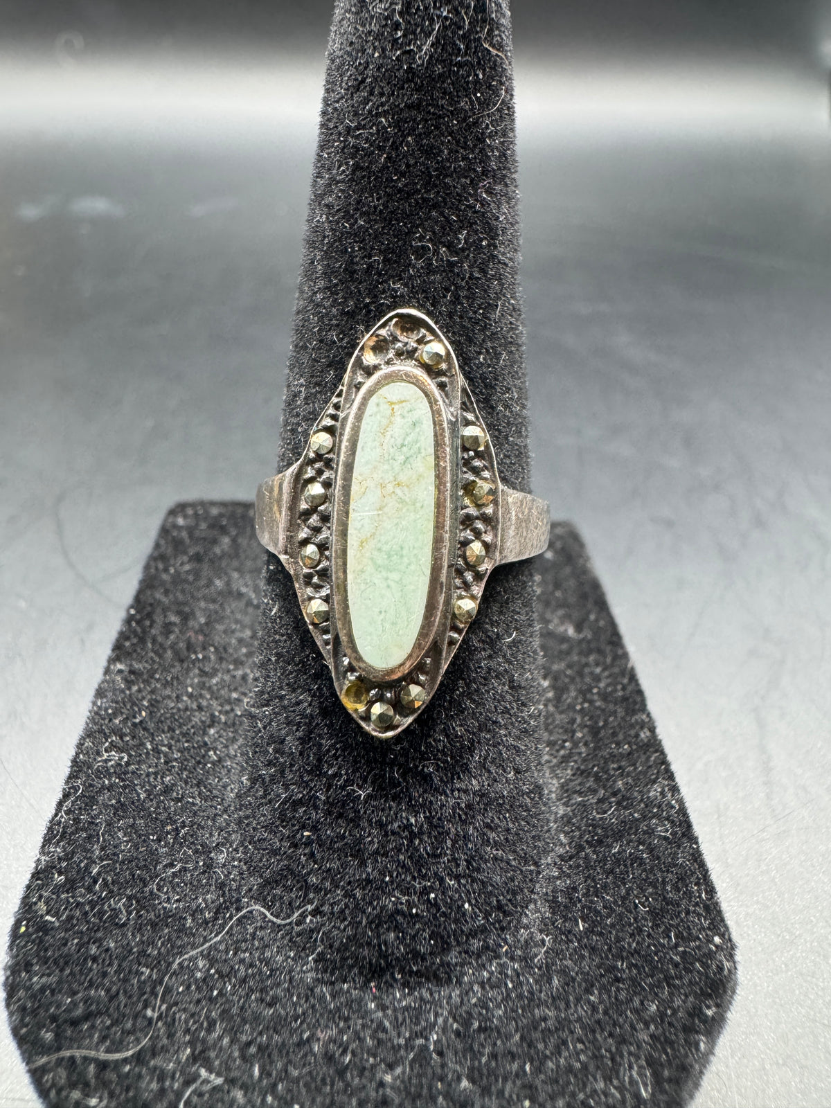 Vintage Sterling Silver Turquoise & Marcasite Ring, Oval Navette Design, Size 5.5