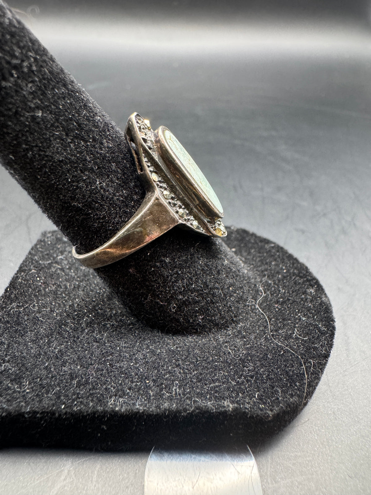 Vintage Sterling Silver Turquoise & Marcasite Ring, Oval Navette Design, Size 5.5