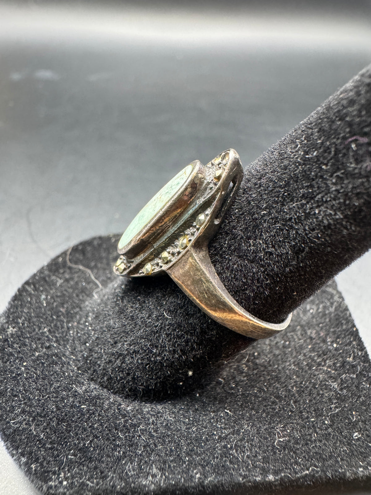 Vintage Sterling Silver Turquoise & Marcasite Ring, Oval Navette Design, Size 5.5