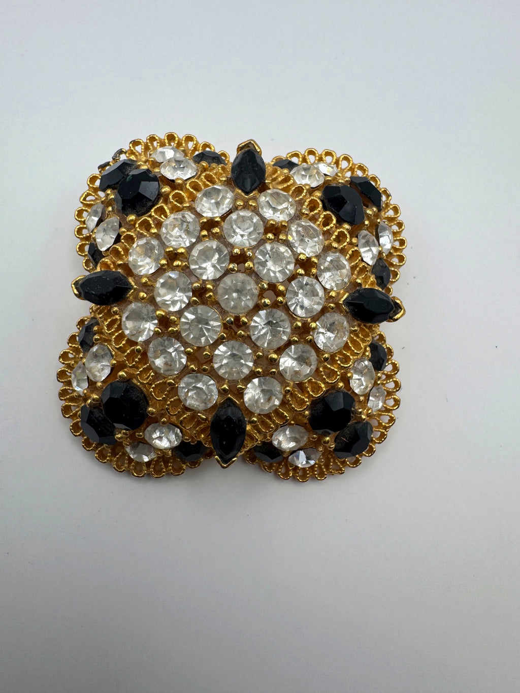 Vintage Monet Gold Tone Pavé Rhinestone Quatrefoil Brooch, Black & Clear Crystal, Signed