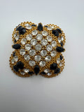 Vintage Monet Gold Tone Pavé Rhinestone Quatrefoil Brooch, Black & Clear Crystal, Signed